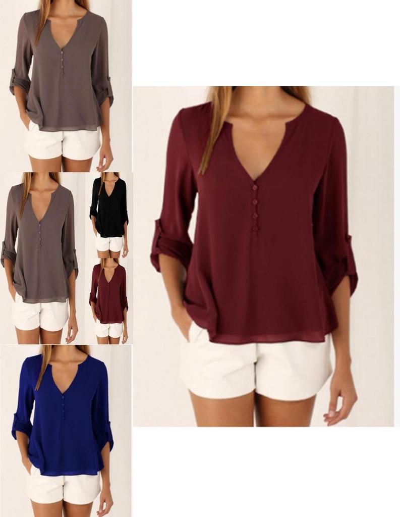 Women Casual Sexy Deep V Neck Chiffon Blouse Shirt With Slim Waist And Long Sleeves