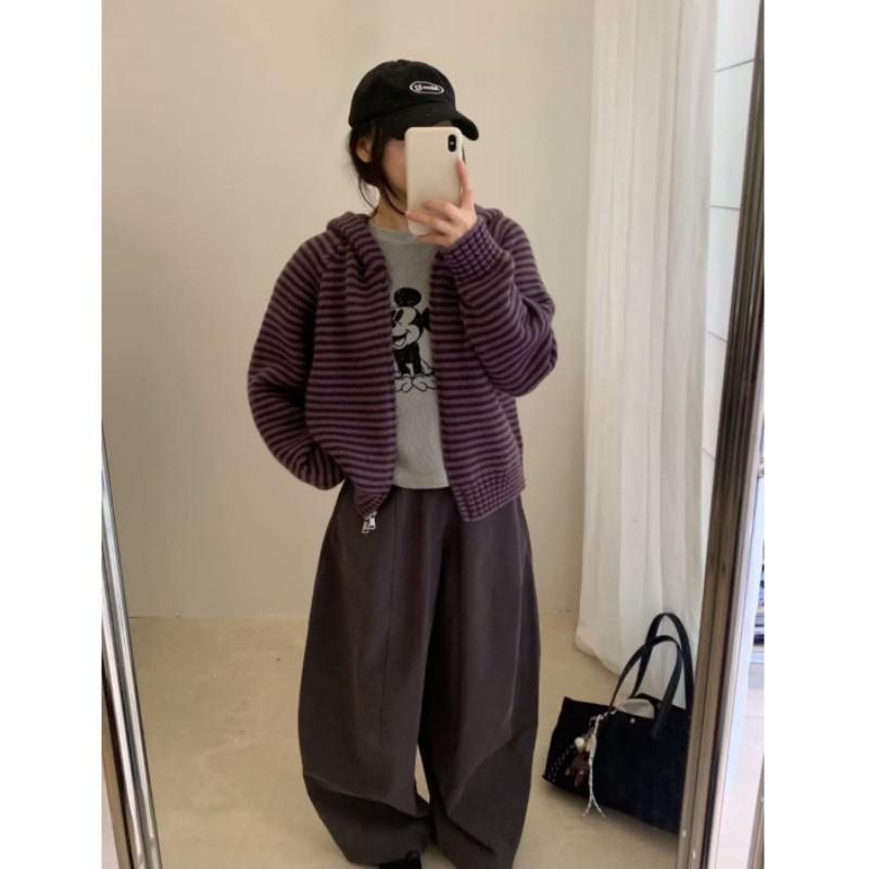 Women Autumn Korean Style Knitted CardigansLoose Knit Hooded Zipper Jackets Tops