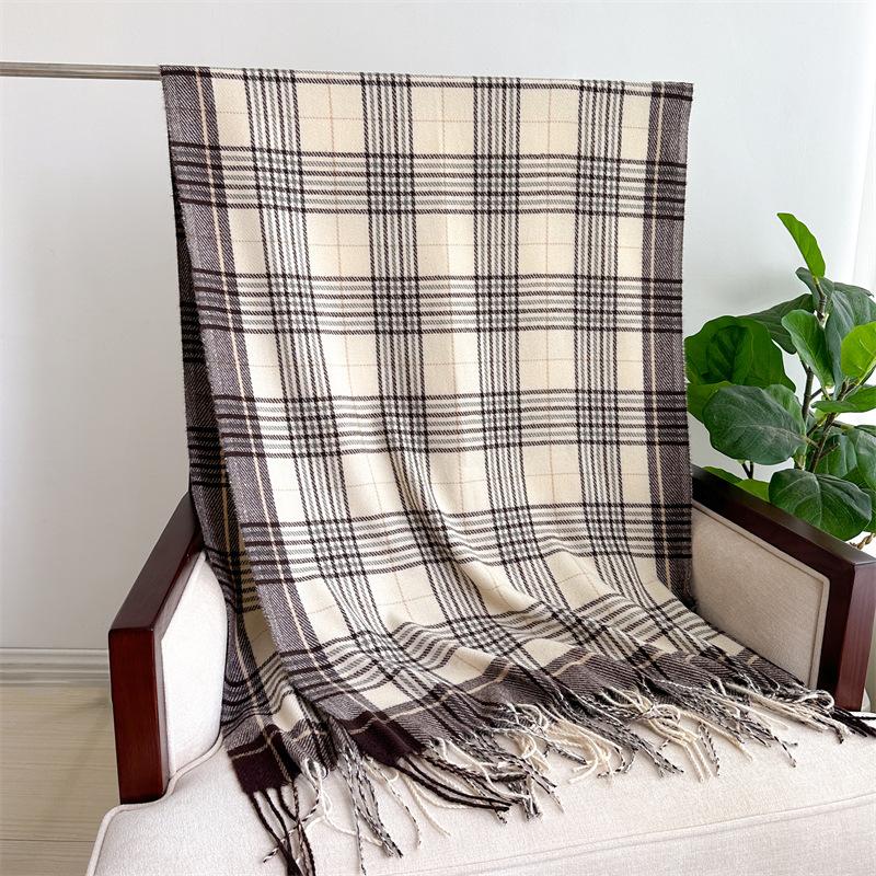 Plaid Imitation Cashmere Scarf Korean Version Simple And Versatile Warm Scarf Women'S Thickened Fringed Shawl