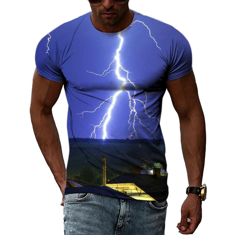 Sommer Naturlandskap Lyn Grafiske T-skjorter Menn 3D Mote Casual Personlighet Trykk T-skjorter Hip Hop Harajuku O-hals Topper
