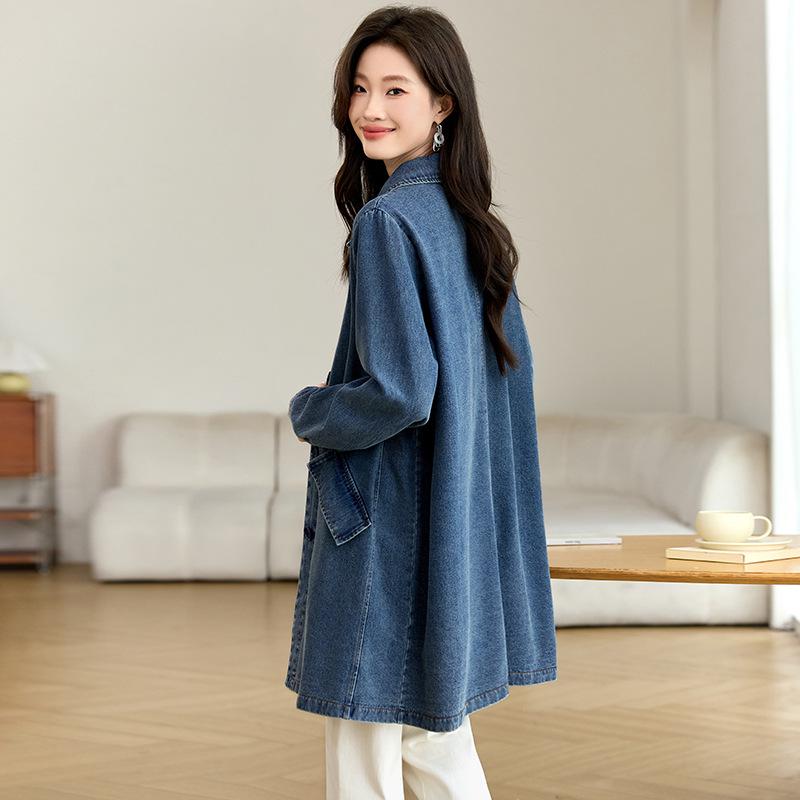 Women's Mid-Length Denim Trench Coat - 2025 Spring/Autumn Casual Korean Style, Slim-Fit, Loose Shirt Top