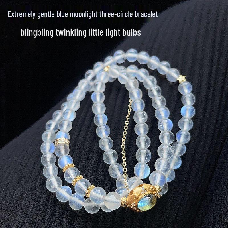 Natural Gray Moonstone Labradorite Aquamarine Triple Beaded Bracelet Necklace for Women - High Shine