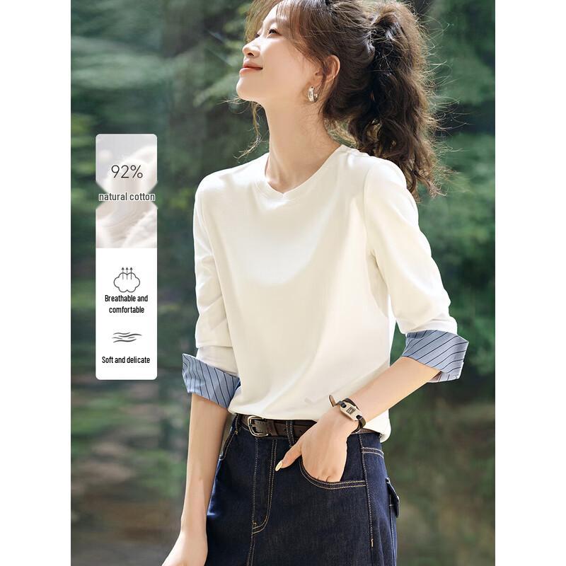 Mohan Yimei Korean Style Layering Long-Sleeve T-Shirt with Color-Block Cuffs M