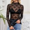 Women Sexy Slim Fit Lace Mesh Long Sleeve Pullover Bottoming Shirt