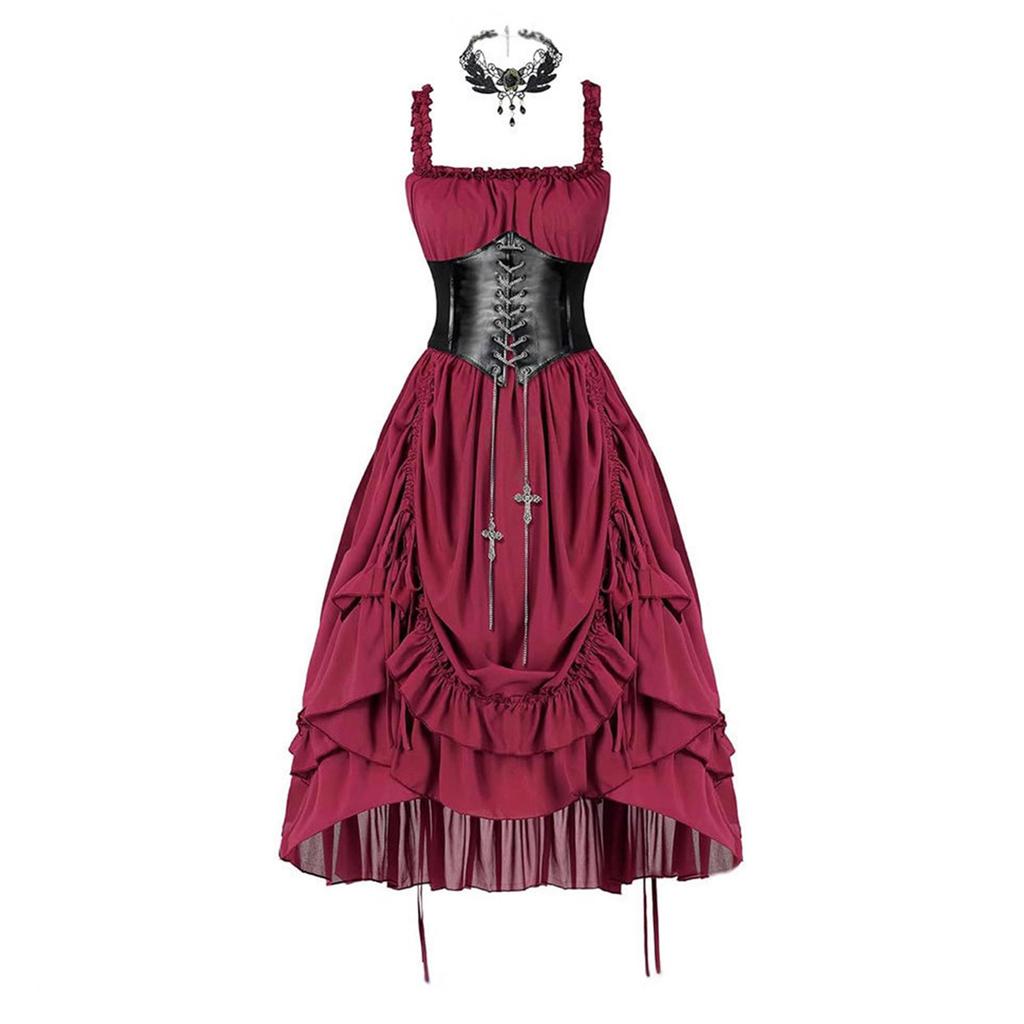 Gotische Jurk en Ketting Set voor Dames voor Halloweenfeest, Corsetriem Niet Inbegrepen