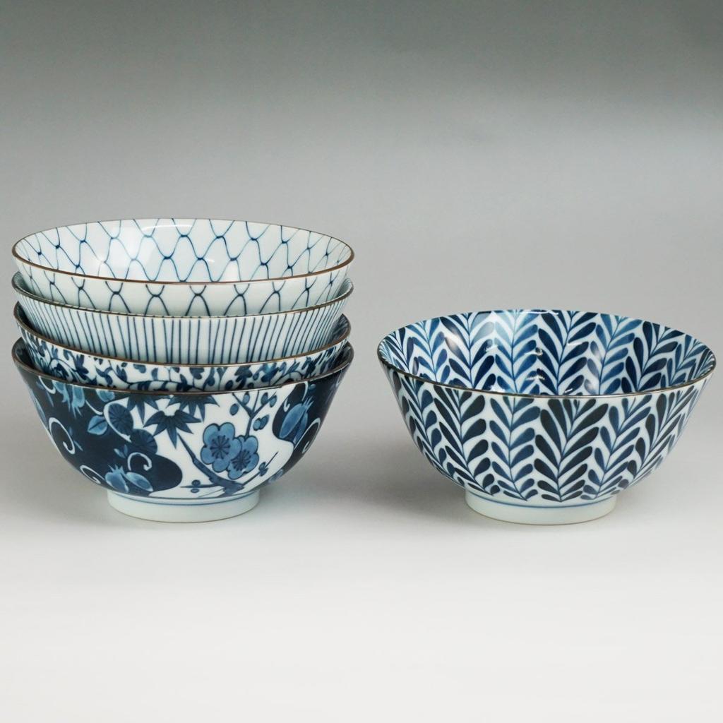 Multi-Purpose Bowl, Indigo, Varied Designs, Gift Box Included, Made In Japan, Diameter 15.5 Cm, Set of 5