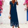 Women Plus Size Dark Blue Printed V Neck Short Sleeve Maxi Dress