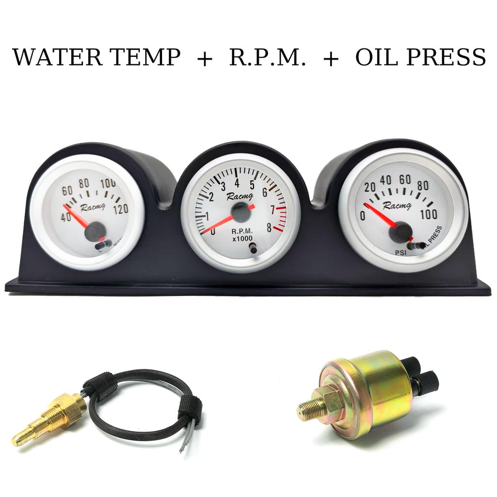 2'' 52mm Car Triple Gauge Kit 3in1 Tachometer RPM Water Temp Oil Pressure Gauge Car Accessories Shipping from US