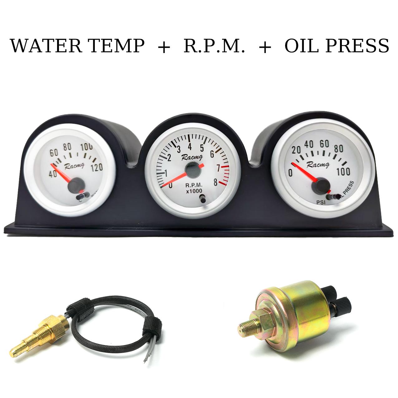 2   52mm Car Triple Gauge Kit 3in1 Tachometer RPM Water Temp Oil Pressure Gauge Car Accessories Shipping from US 1rpm oil press water