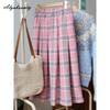 Japanese Preppy Style Autumn Winter Women Wool Skirt High Wasit Pink Plaid Woolen Skirt Sweet Warm Thick Midi Skirt With Pockets