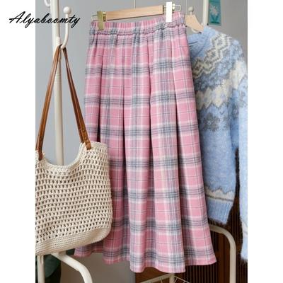 Japanese Preppy Style Autumn Winter Women Wool Skirt High Wasit Pink Plaid Woolen Skirt Sweet Warm Thick Midi Skirt With Pockets