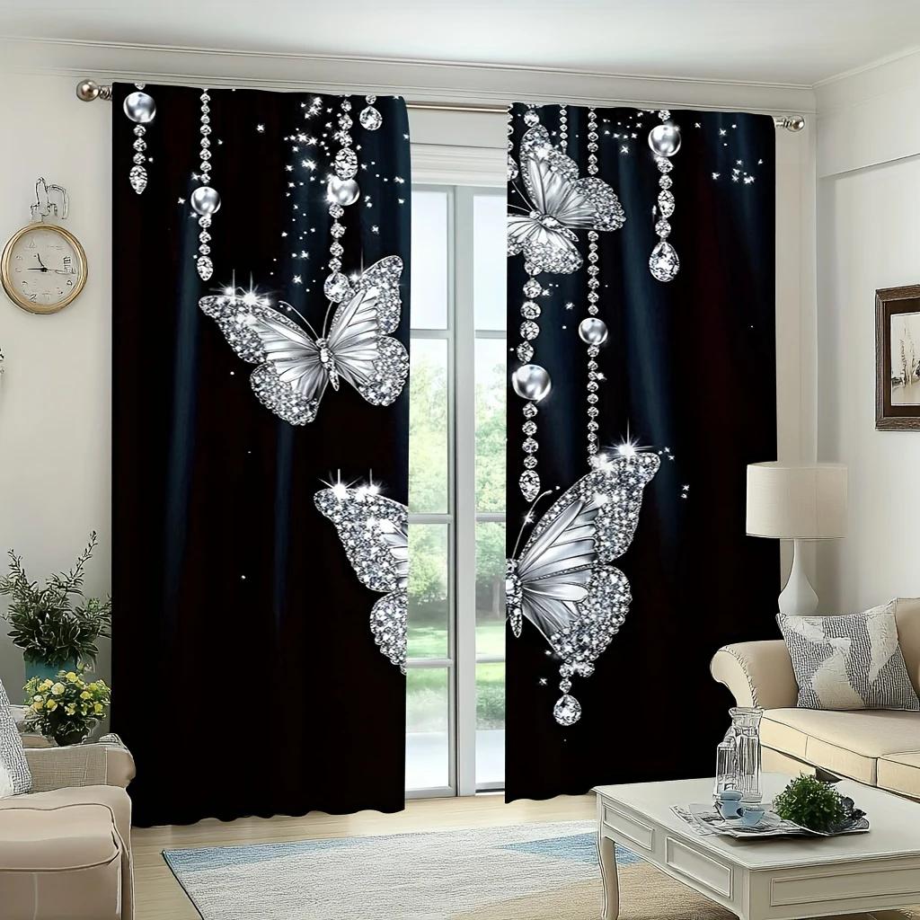 Elegante Vorhänge mit Schmetterlingsdesign in Schwarz und Silberdruck, Tunnelzugdesign, Heimdekoration, Raumdekoration