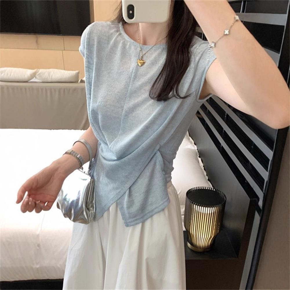 Blue design sense versatile round neck short-sleeved T-shirt women's summer new foreign style irregular slim-fitting and thin knock beautiful shirt