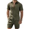 Men's Summer Solid Color Jacquard Casual Set Short Sleeve Shirt and Shorts Two Piece Outfit Breathable Quick Dry Beach Vacation