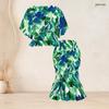 Women Plus Size Two Piece Set Round Neck Batwing Short Sleeve Tropical Leaf Printed Ruffle Hem Top Fishtail Skirt