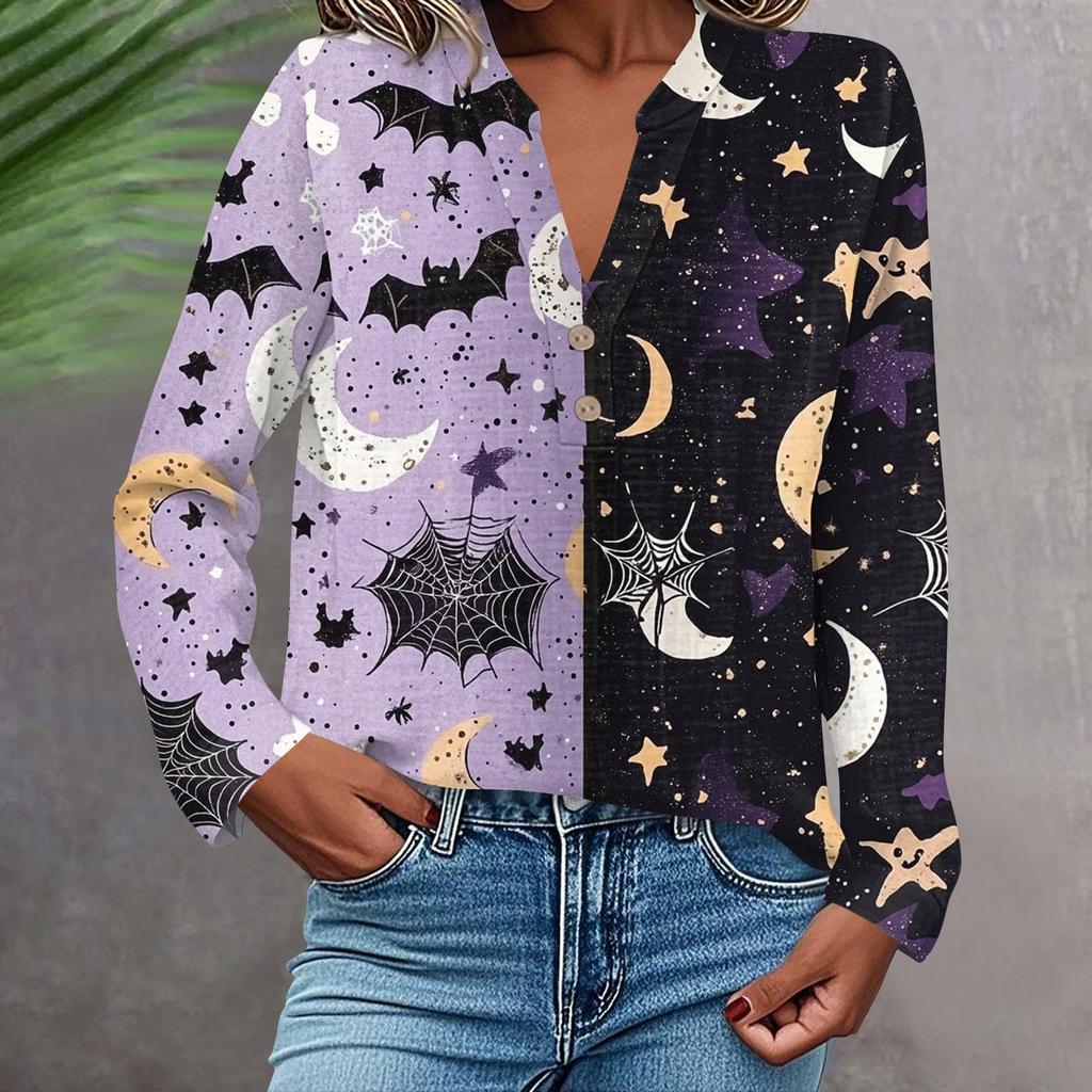 Women's Fashionable And Casual Shirt Long Sleeve V-neck Button Printed Blouse Top