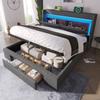 Upholstered Bed 140x200 Cm with Hydraulic Storage, Headboard Compartment, LED Lighting, USB & USB-C Port, Wood Slat Frame, Grey, Linen, No Mattress