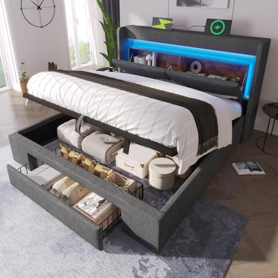 Upholstered Bed 160x200 Cm with Hydraulic Storage, Headboard Compartment, LED Lighting, USB & USB-C Port, Wood Slat Frame, Grey, Linen, No Mattress