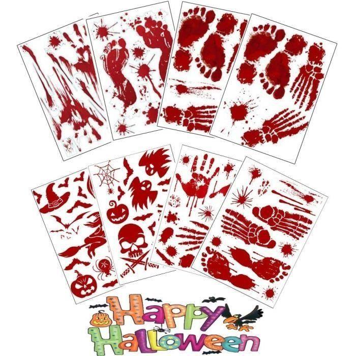 Autocollants muraux et de fenêtre - AIMOONSA - 8 feuilles - Empreintes de main sanglantes - Gouttes de sang - Rouge sanglant
