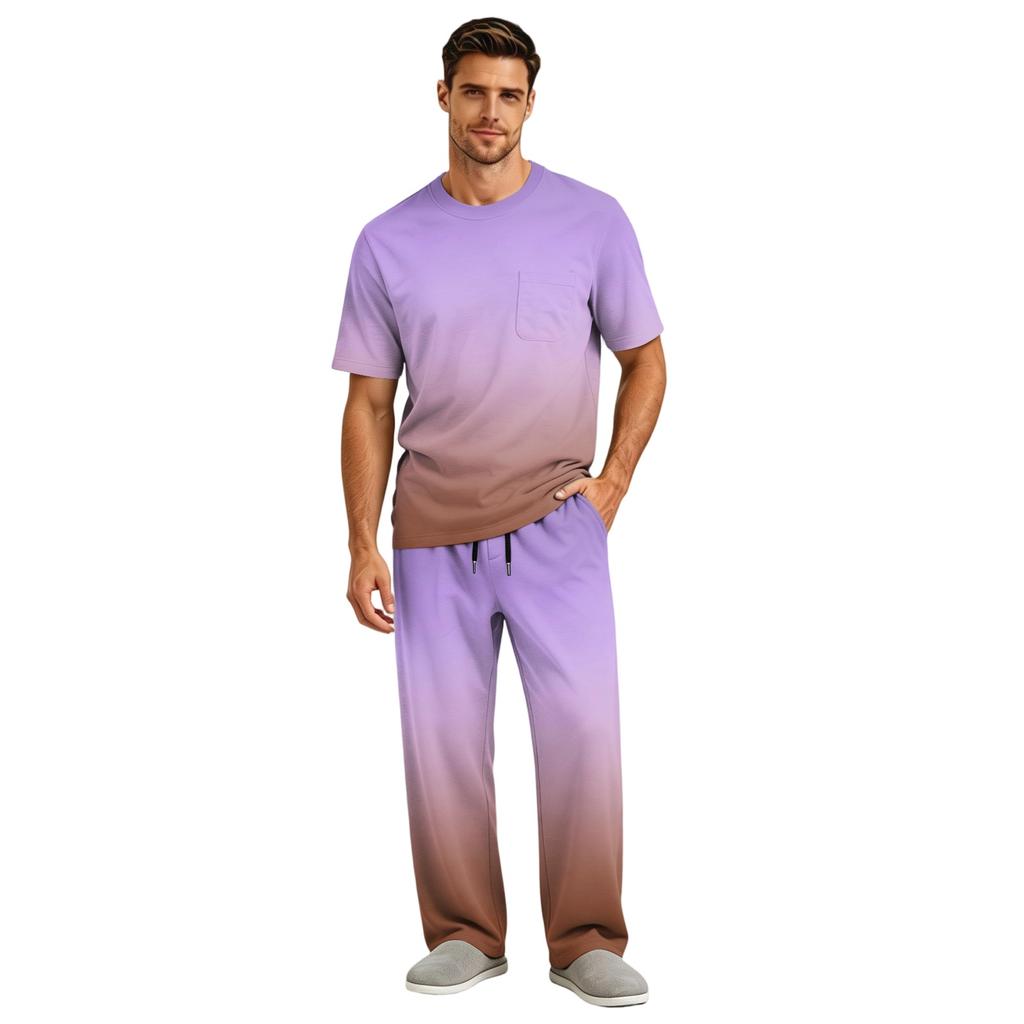 Men's Short Sleeve Pajama Set with Button Fly and Elastic Drawstring Waist