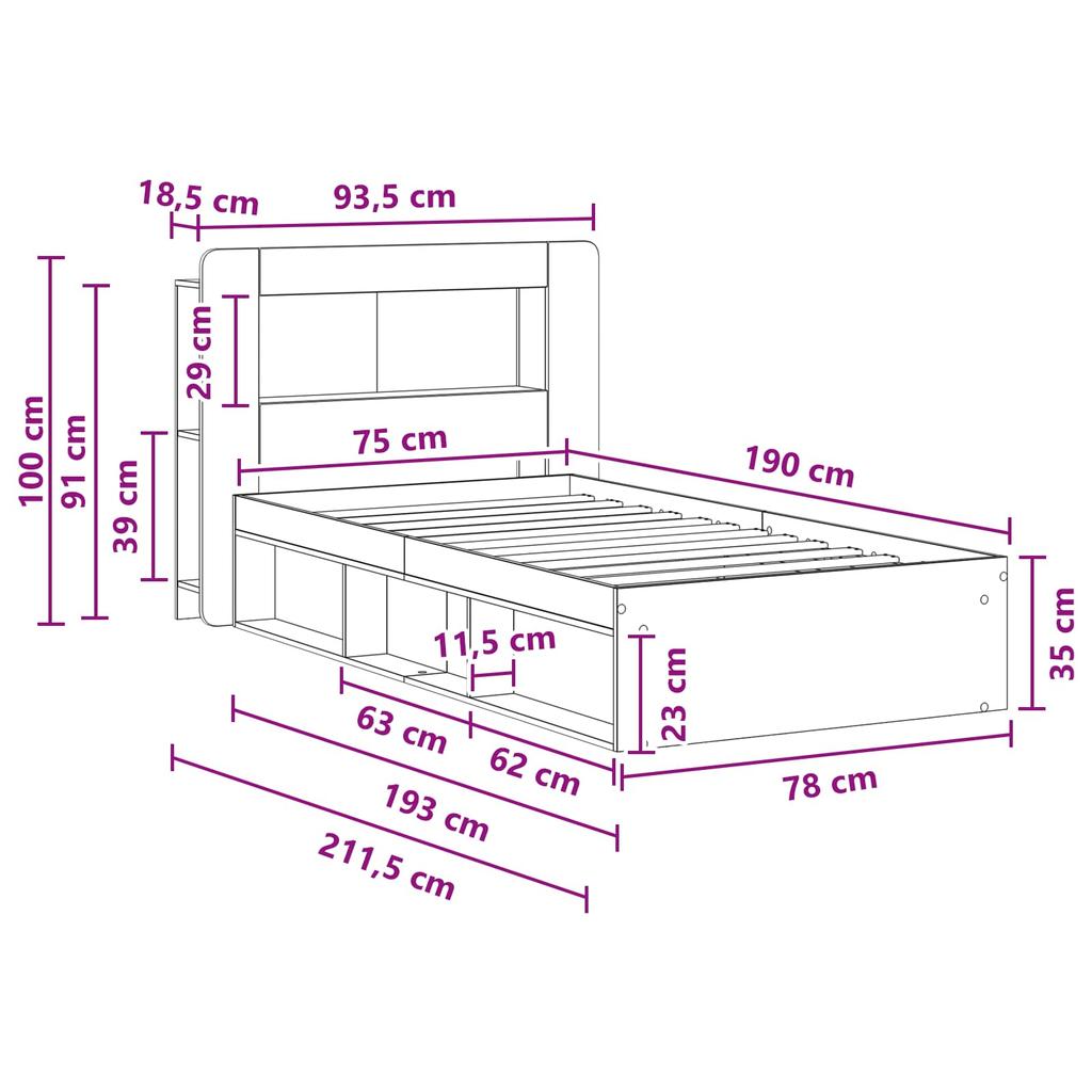 Bed Frame with Storage and Headboard Artisan Oak Finish 75 x 190 cm