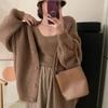 Retro gentle wind knitted cardigan top women's autumn and winter new solid color V-neck loose lazy sweater jacket