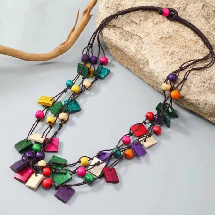 Trendy Bohemian Necklace with Coconut Shell and Wood Beads Colorful Designs for a Unique Fashion Statement Pieces