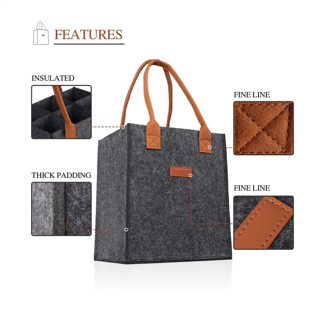 Flaschenhalter mit 6 Fächern Filz Weinflaschentragetasche Tragbare Filz Spirituosenflaschentragetasche mit Griffen für Hochzeit Reise Picknick