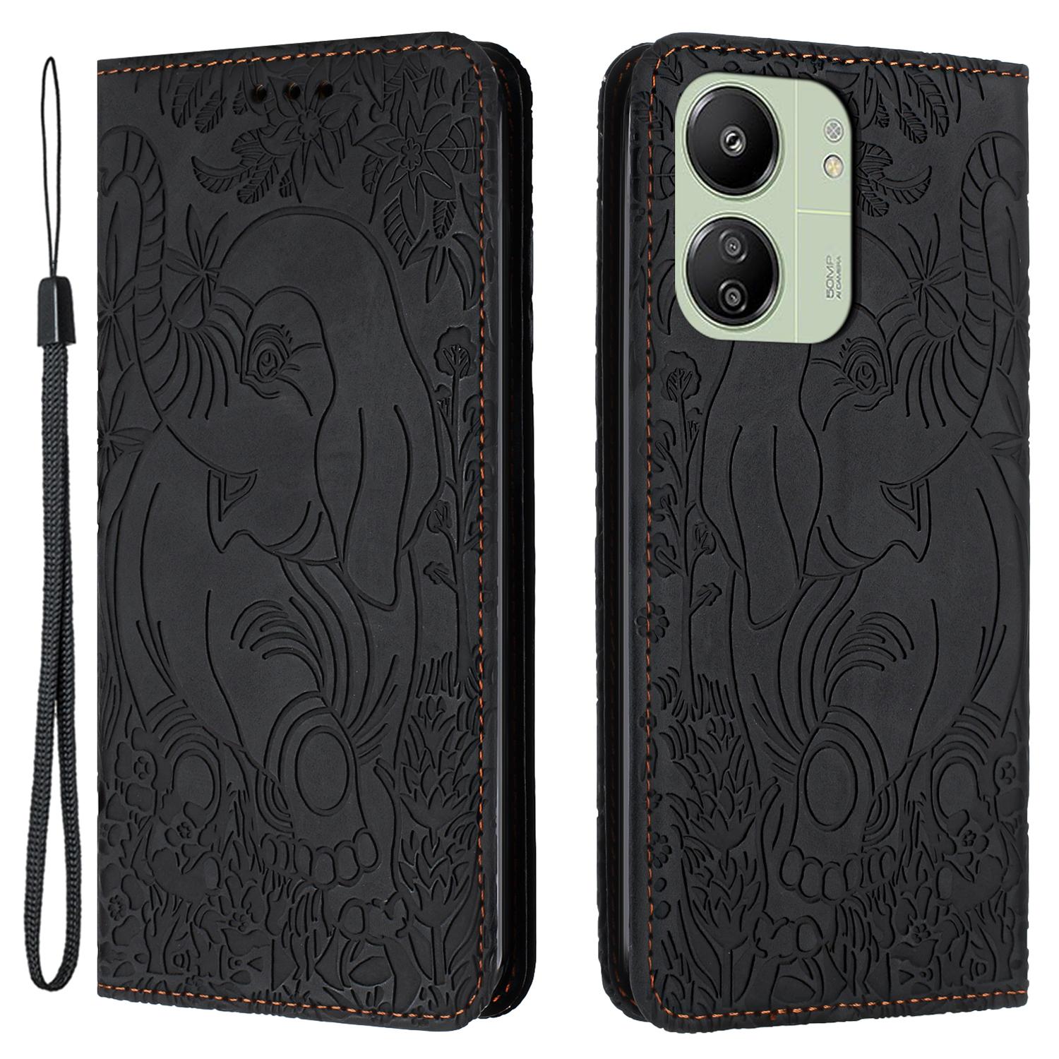 

For Xiaomi Redmi 13C 4G/5G/13R 5G/Poco M6 5G/Poco C65 4G Wallet Case Elephant Pattern Leather Phone Cover Black