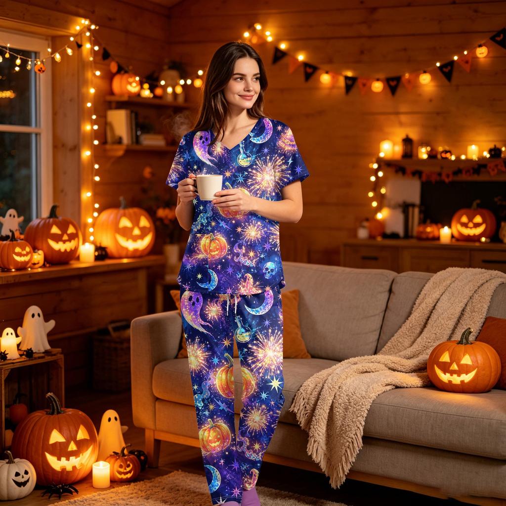 Women's Halloween Print Scrub Set, V Neck Short Sleeve with Pockets and Pants, 2 Piece Uniform