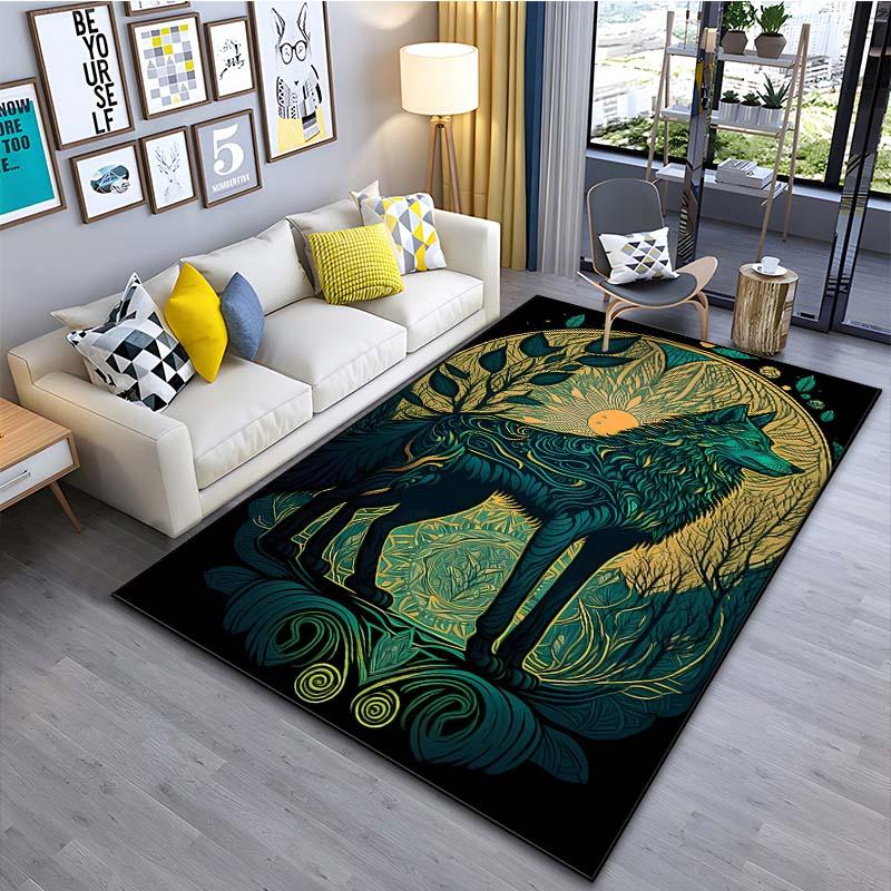 Black Wolf Pattern Area Rug–Stylish Carpet for Living Room or Bedroom – Non-Slip Bedside Floor Mat, Cool Home Decor Gift for Men