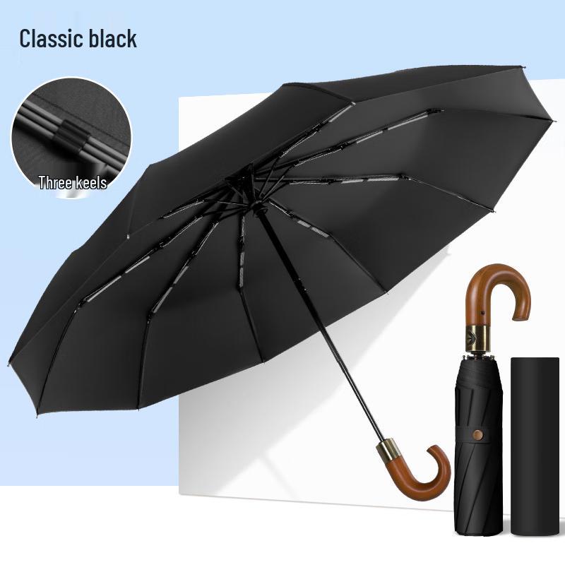 Sanhe 10-Rib Automatic Folding Umbrella with Wooden Curved Handle