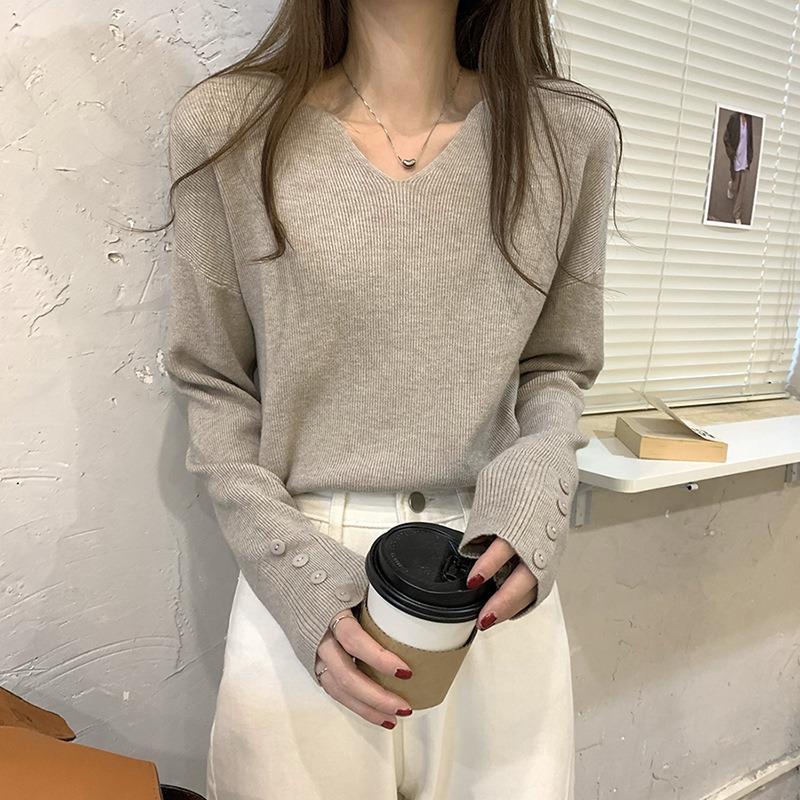 Temperament collar slack knitted sweater soft waxy sweater autumn and winter casual simple button long sleeve women's bottoming top