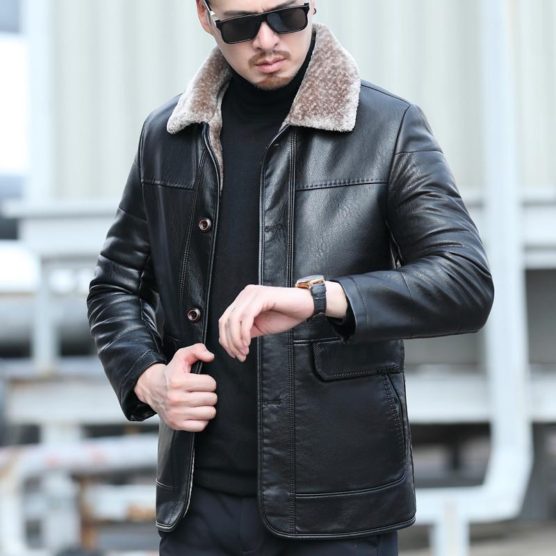 Piumino in pelle da uomo d'affari di media lunghezza con risvolto casual in pelle di pecora autunnale e invernale in pelle naturale taglie forti