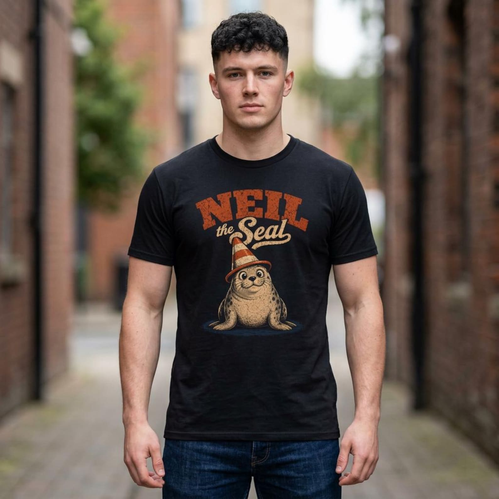 Neil The Seal Tasmania T-Shirt; Funny Traffic Cone Meme Tee; Australian Wildlife Celebrity Graphic Top XL