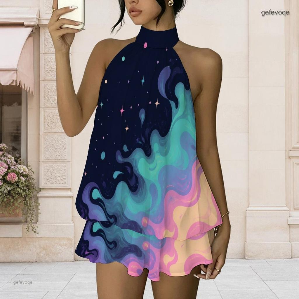 Women Plus Size Halter Neck Sleeveless Printed Layered Faux Two Piece Mini Dress