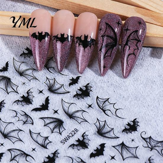 Women Nail Art Halloween Gothic Bat Stickers, Black Cat Bow Manicure Decoration Waterproof Stickers Decals, Girls Accessories for Holiday Party