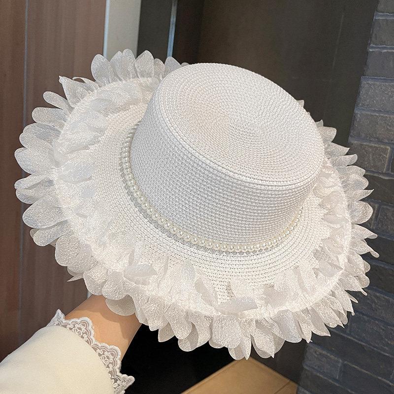 Elegant lace straw hat women's summer outdoor wide brim sunscreen sunshade vacation sun hat new pearl top hat