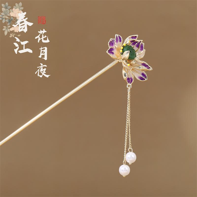 Elegant Flower Tassel Hairpin For Women Handmade Dripping Oil Pearl Butterfly Hair Stick Hanfu Cheongsam Dress Hair Accessories