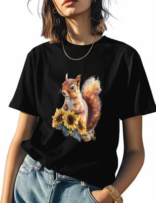 T Shirts for Women Graphic Tees Squirrel Sunflower Crew Neck Short Sleeve Shirts for Women Animal Casual T-Shirt