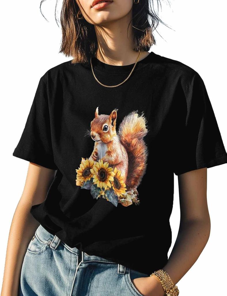 T Shirts for Women Graphic Tees Squirrel Sunflower Crew Neck Short Sleeve Shirts for Women Animal Casual T-Shirt