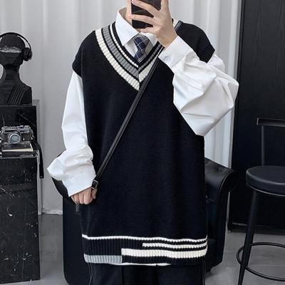 Męski sweter kamizelka dekolt w serek bez rękawów luźny kolorowy sweter dzianinowy średniej długości pogrubiony sweter w stylu Preppy i biznesowym