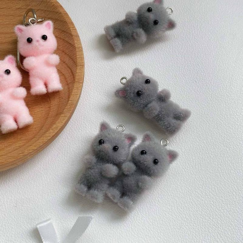 Flocking Cat Pendant Keychain Bows Shaped Key Chain Bowknot Keyring Jewelry Camera Bag Decorations Handmade Gift