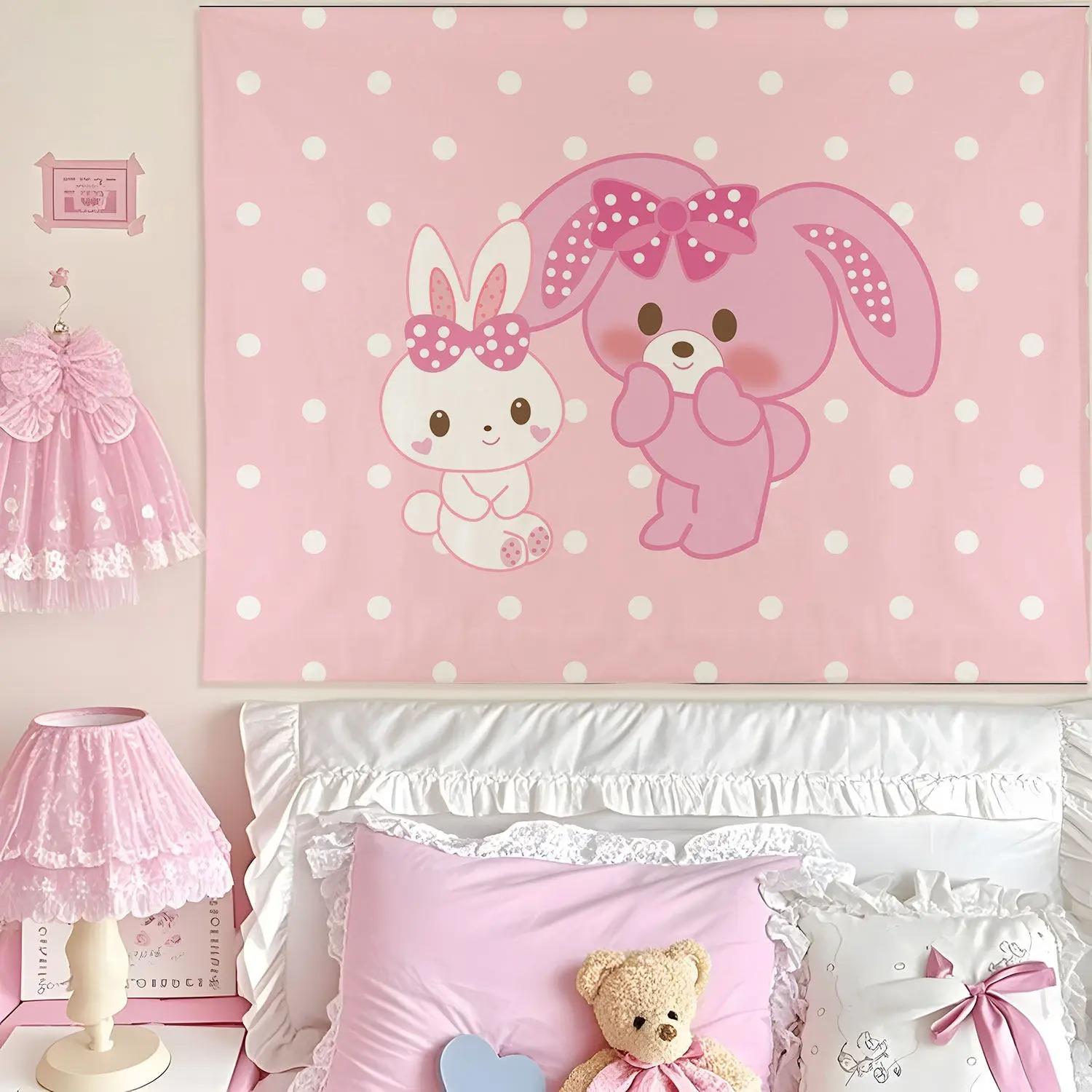 

My Melody Pink Tea Party Tapestry Bunny Bow Print Polyester Wall Hanging Sweet Kawaii Themed Home Decor for Bedroom Dorm 74x94cm(29x37in)