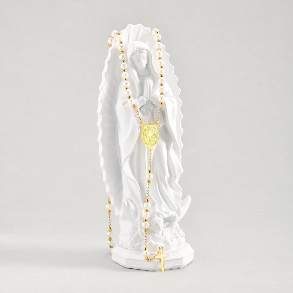 Vnox Stainless Steel Pearl Rosary Beaded Necklace,Virgin Mary Religious Cross Necklace For Women,Prayer Jewelry 65cm Long Chain