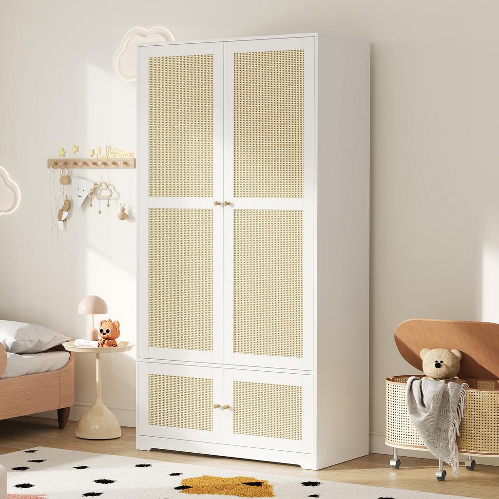 Rattan Wardrobe, 2-Door Wardrobes, Wardrobe, with Clothes Rail and Shelves, made of MDF and Lacquered Fronts, Bedroom Wardrobe, White, 90 x 48 x 180cm