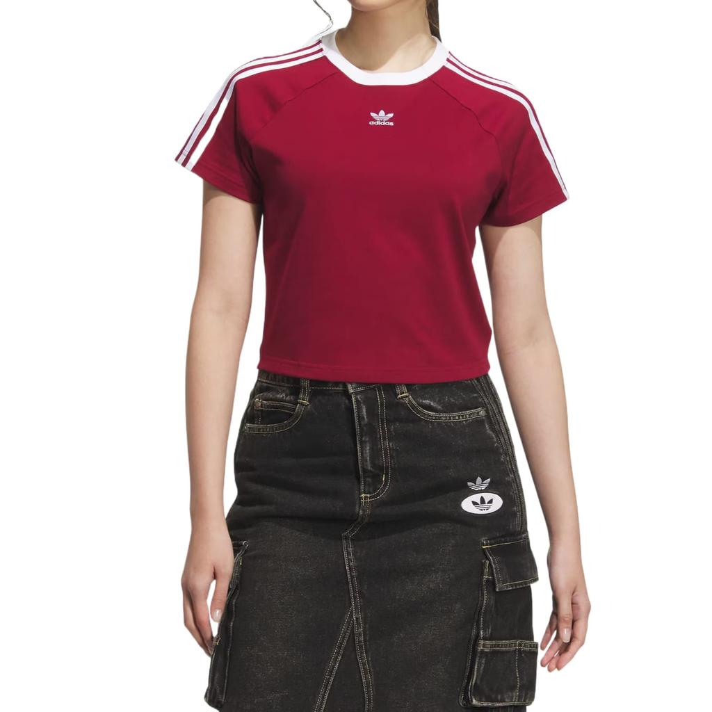 Adidas Originals 3 Stripes Raglan Sleeve T Shirt Women's Burgundy KF0314