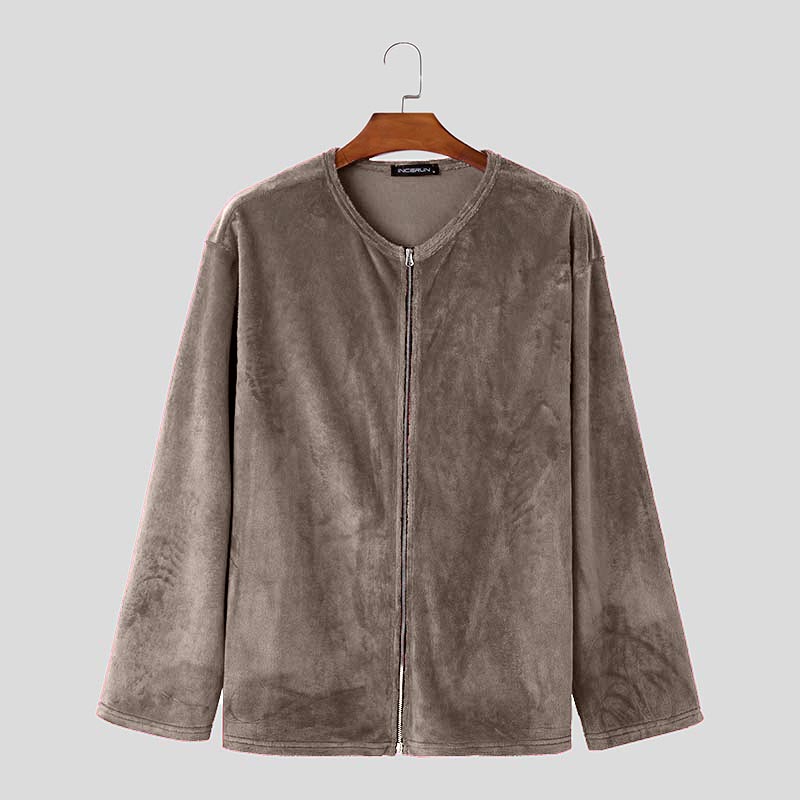 

INCERUN Men Collarless Long Sleeve Zipper Up Furry Jackets Coats XL коричневий