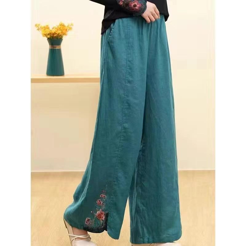 Women's Spring and Summer Chinese Retro Loose Pants Elastic Waist Comfortable Embroidery Wide Leg Pants