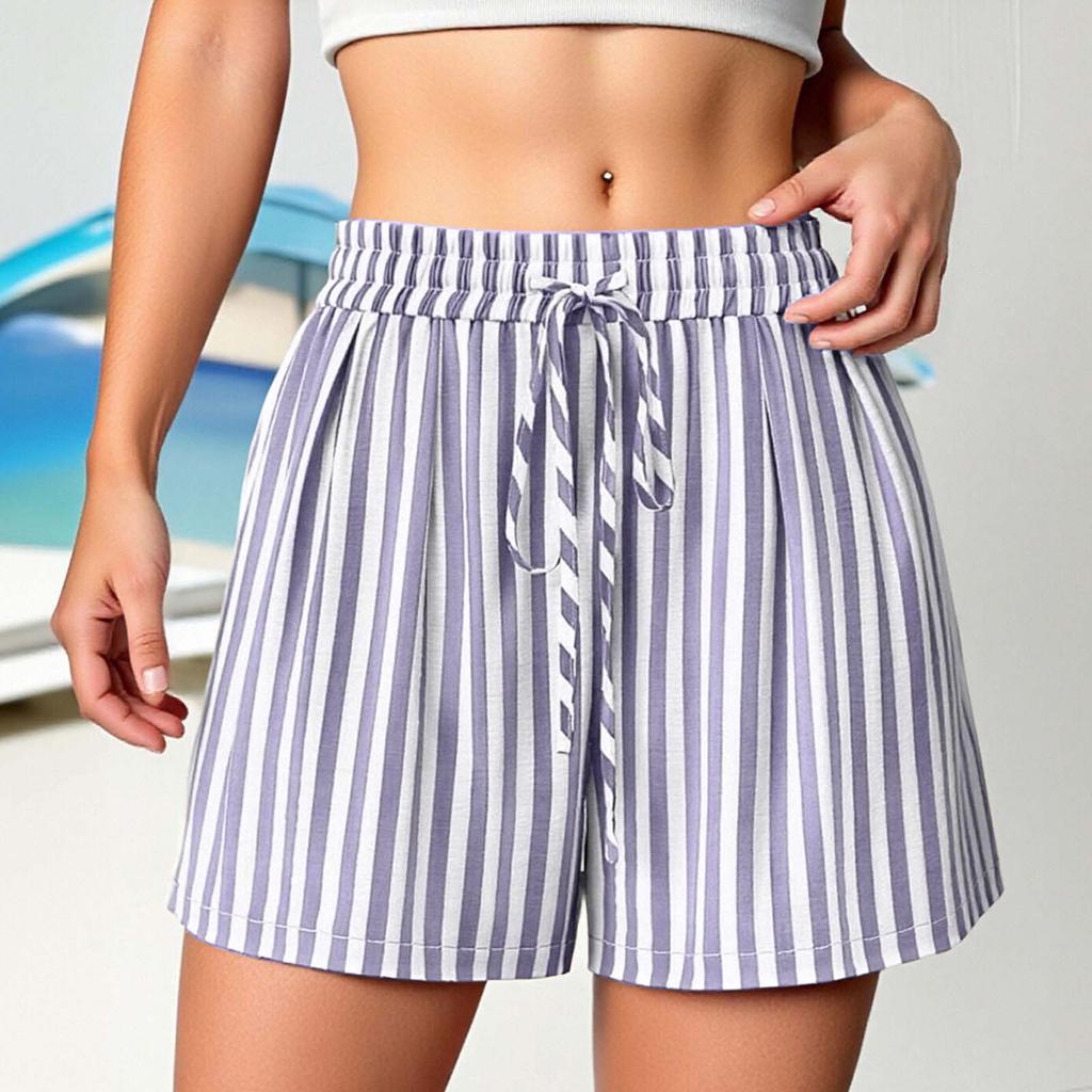 Women's Casual Fashion Striped Beach Vacation Drawstring Shorts with Pockets Lightweight Comfortable Summer Loose Fit